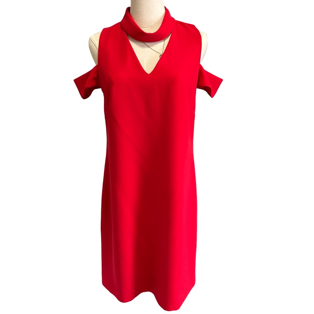 Women's Tahari Arthur S Levine Red Mock Cold Shoulder Sheath Midi Dress Size 6